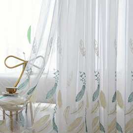 成品现货跨境批发彩色刺绣羽毛窗帘客厅纱窗帘轻奢贴绒绣花门纱帘
