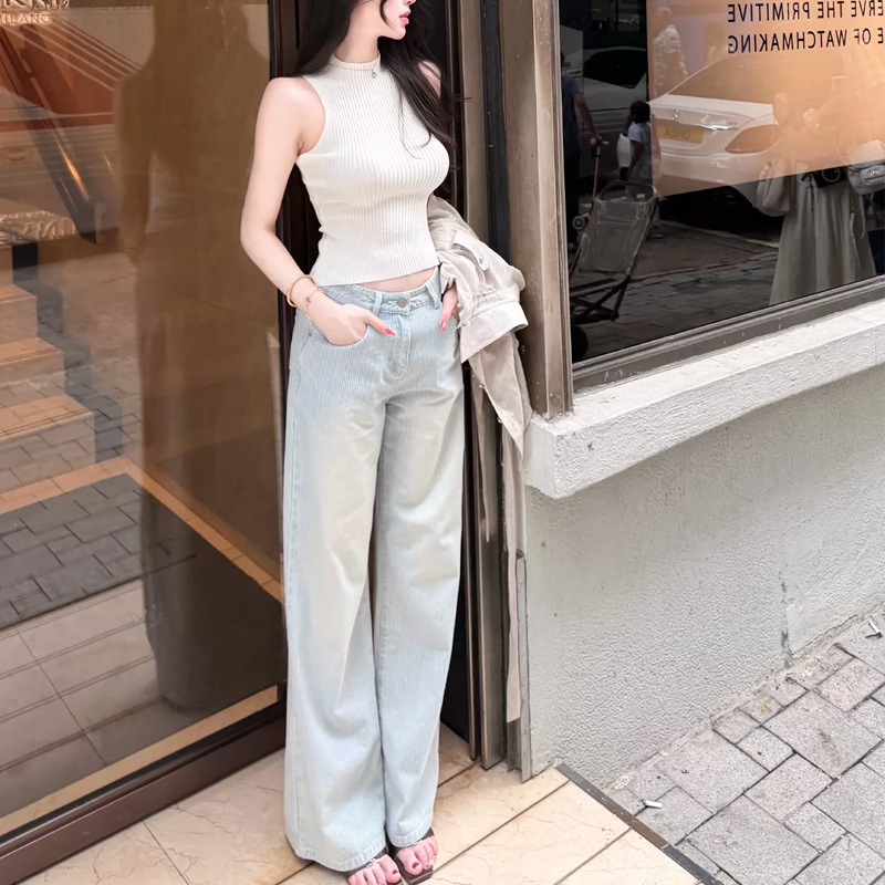Cool yet soft, vintage-style, versatile, light and casual, retro fine vertical striped straight-leg jeans for women, spring and autumn long pants Cool yet soft, vintage-style, versatile, light and casual, retro fine vertical striped straight-leg jeans for women, spring and autumn long pants