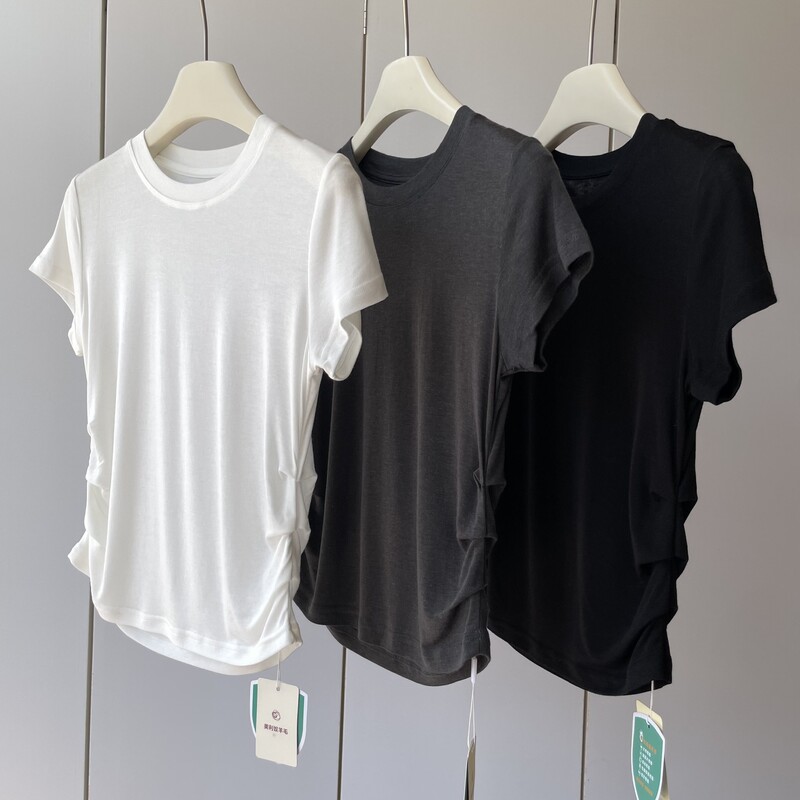 Exquisite pleated skin-friendly and comfortable! Women's Lyocell Wool Crewneck Lightweight Elegant Slimming Pullover Short-sleeved T-shirt