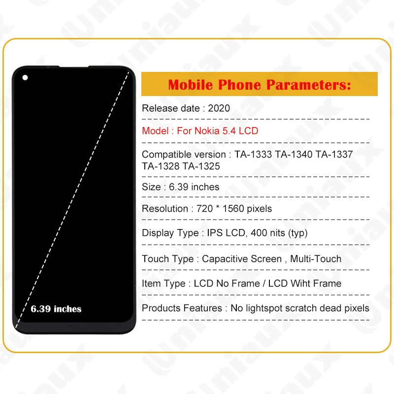 Подходит для сборки экрана Nokia 5.4, оригинальный ЖК-дисплей, внутренний и внешний экран.