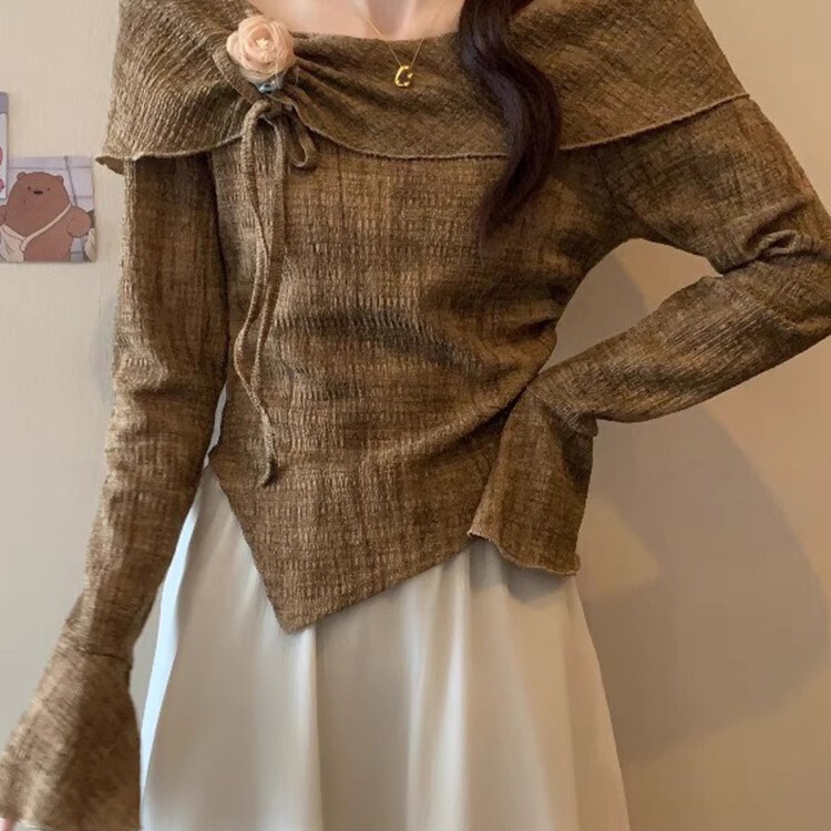 Maillard One-Shoulder Tie-Dye Long-Sleeved Shirt for Women Autumn New Large Size Fat Bell-Sleeved Three-Dimensional Flower Top