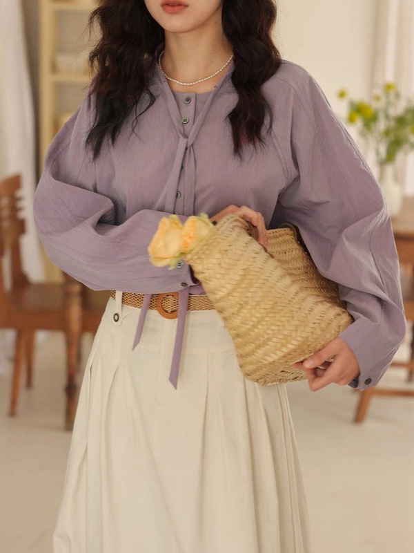 solighter 法式天丝紫色立领抽绳长袖衬衫女秋季新款设计感上衣|undefined