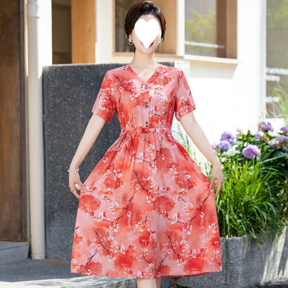 High-End Cotton Silk Dress with Pockets, New Summer Style Over-The-Knee Long Dress, Mother's Belly-Covering Cotton Silk Floral Skirt