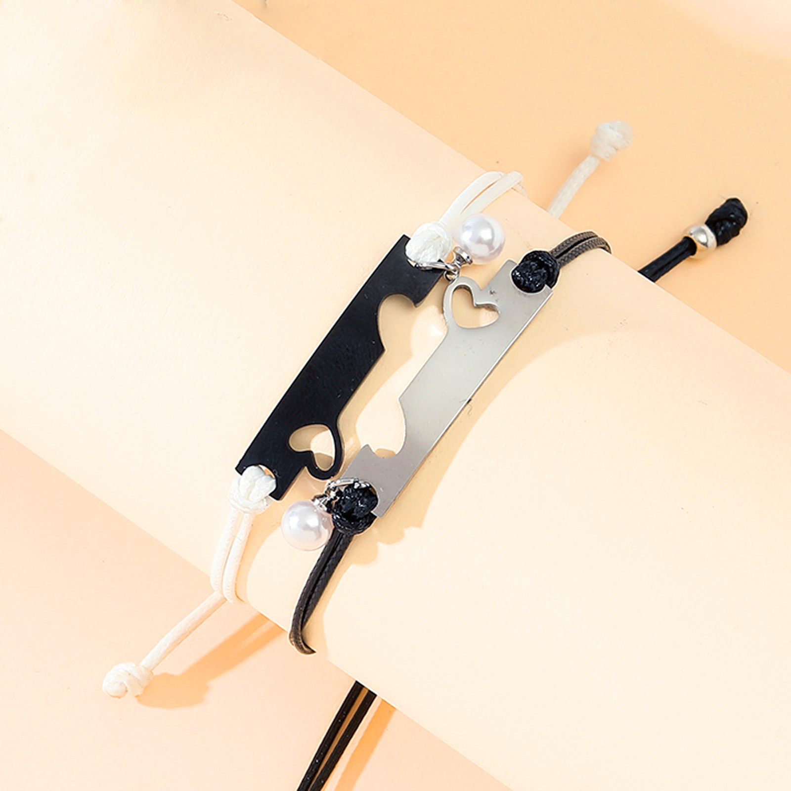 2 Pieces Fashion Heart Shape Stainless Steel Knitting Hollow Out Inlay Pearl Couple Bracelets