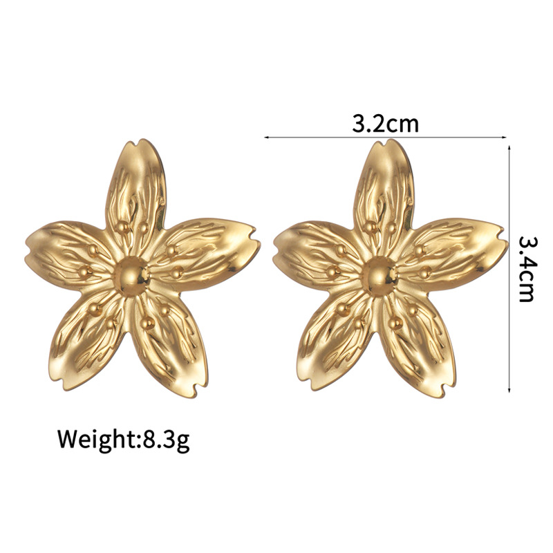 10g Weight PVD Coated Gold Plating Process PVD Coated Real Gold Plated Flower 304 Stainless Steel Retro Waterproof Non Tarnish Ear Studs