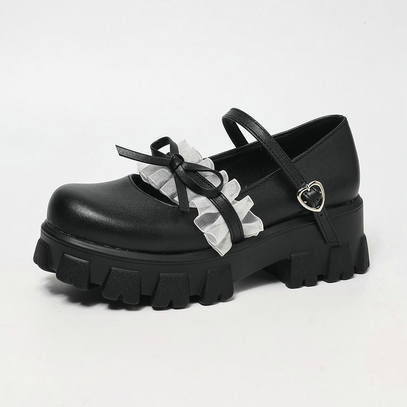 Lolita Women's Single Shoes for Spring and Autumn, Lace Cute Bowknot Platform Thick-Soled Mary Jane High Heels