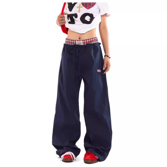 American Retro Double Waist Stitching Fake Two-piece Casual Pants Women's Autumn New Loose All-match Straight Wide-leg Pants