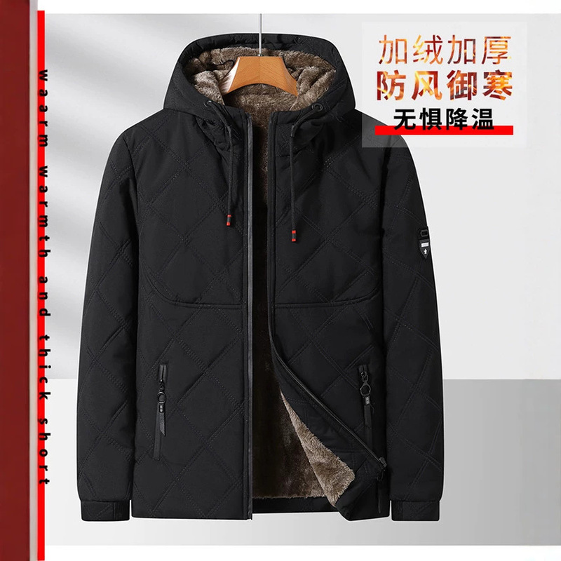 New winter hooded windproof thickened warm cotton coat, casual commuting loose-fitting mid-length fleece-lined cotton jacket