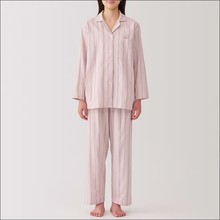 无印日式良品纯棉双层纱睡衣女士条纹无侧缝男长袖家居服套装薄款