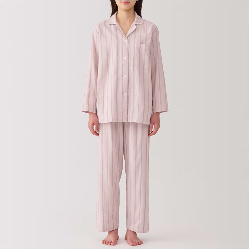 MUJI Japanese-style Pure Cotton Double-layer Yarn Pajamas Women's Striped Non-side Seam Men's Long-sleeved Home Clothes suit Thin