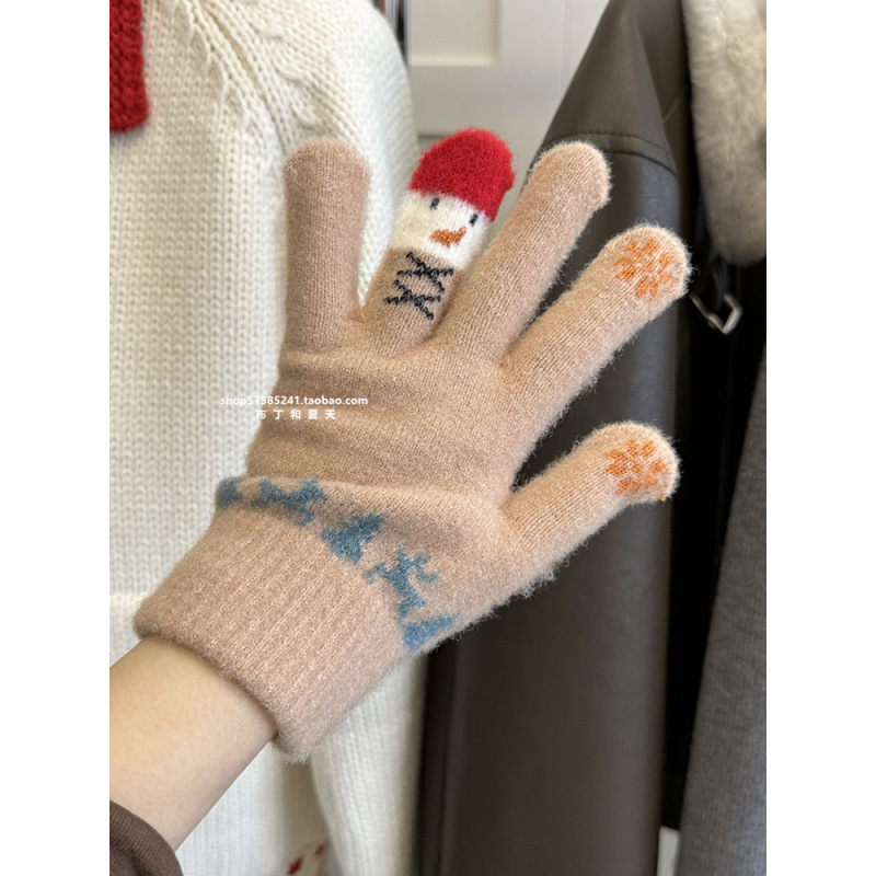 ins可爱雪人卡通手套女加绒保暖冬季五指可触屏分指骑车防风防寒|undefined
