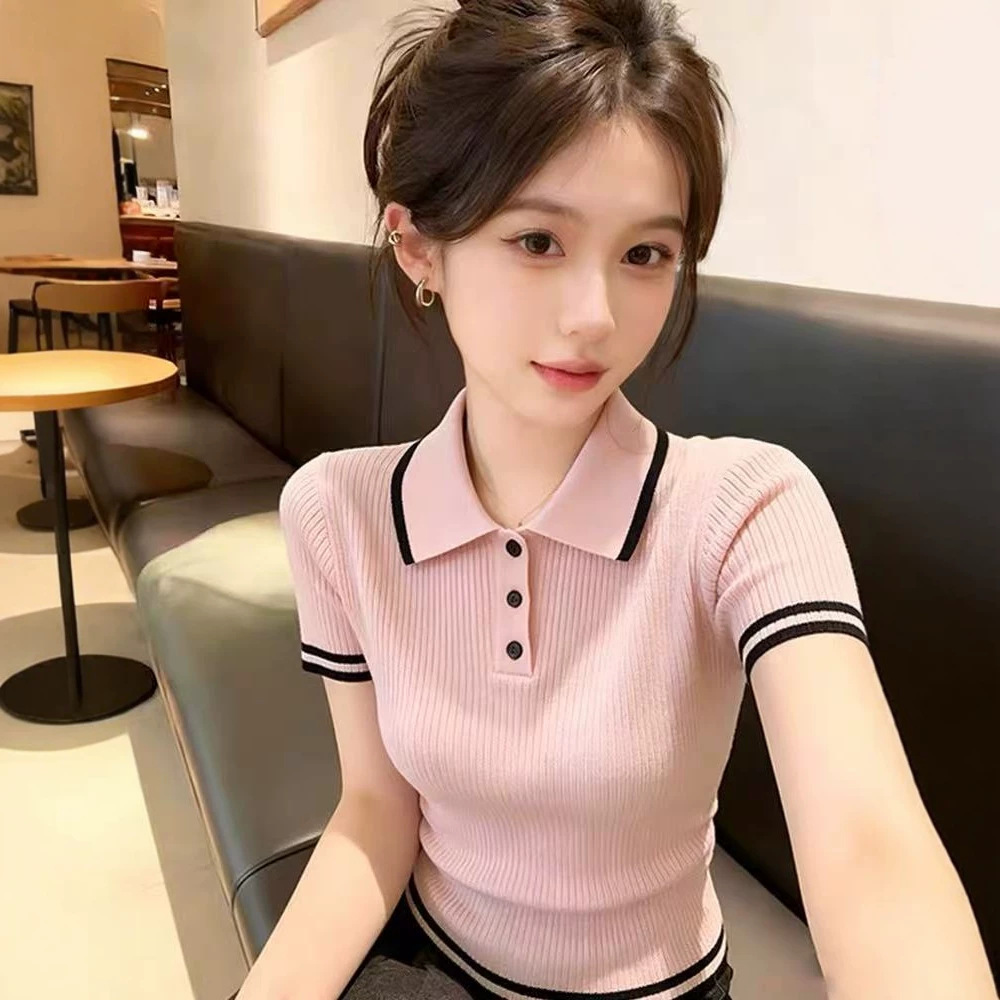 Áo thun polo nữ tay ngắn cổ bẻ dệt kim co giãn phong cách Hàn Quốc — đen chi tiết 1