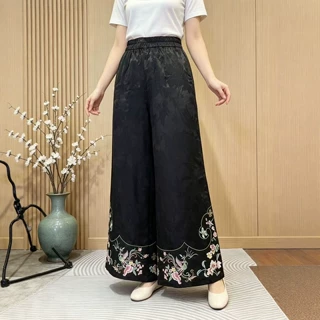 新中式刺绣阔腿裤女夏季宽松松紧腰提花休闲长裤国风复古百搭裤