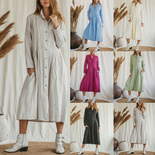 2024外贸欧美新款棉麻长款不规则连衣裙衬衫领扭扣休闲裙