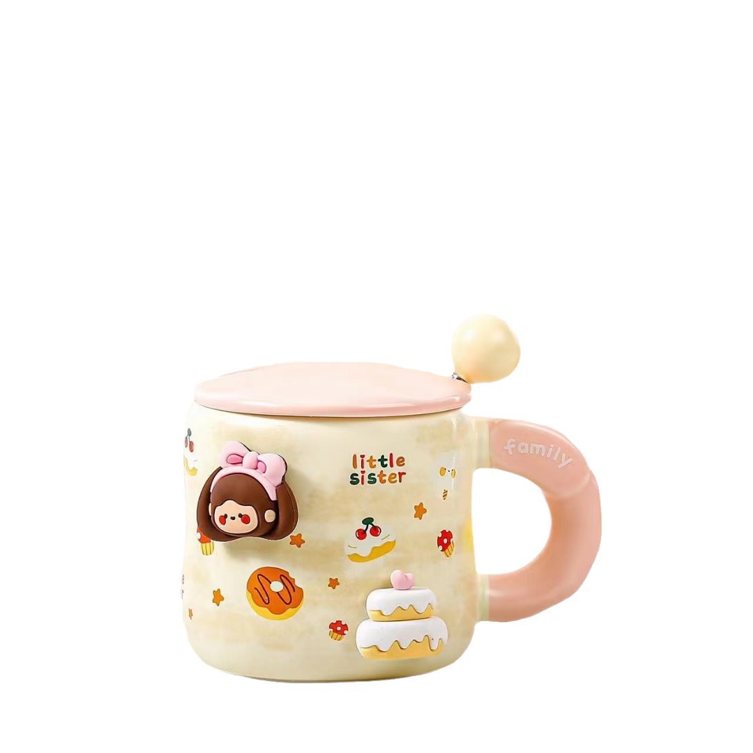 Creativo diy familia taza de cerámica con cubierta cuchara de dibujos animados taza de café de alto valor de cara regalo de mano taza de agua