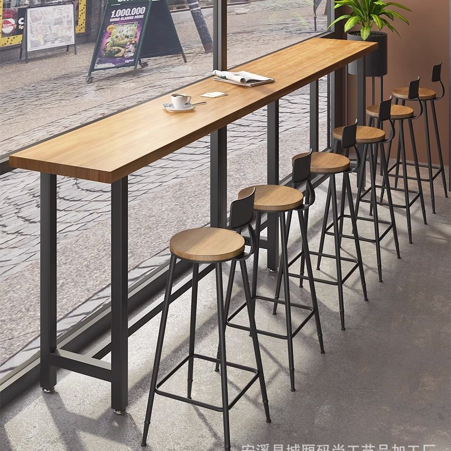 Simple Solid Wood Bar Table Home Balcony Wall Tall Long Table Cafe Bar Milk Tea Shop Table and Chair Combination