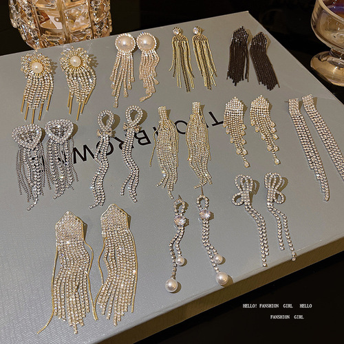 925 silver needle exquisite full diamond long tassel earrings for women ins fashion light luxury niche internet celebrity same style bow earrings