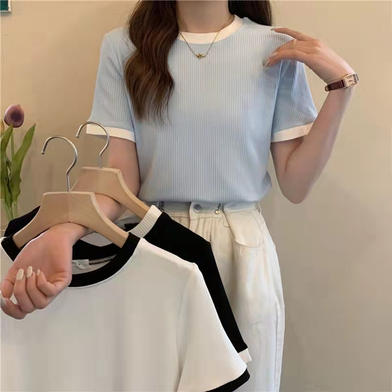 캐주얼 하의 셔츠 탑 여성 슬림 반팔 티셔츠 여성 여름 컬러 매칭 한국 학생 라운드 넥 여성 의류 도매