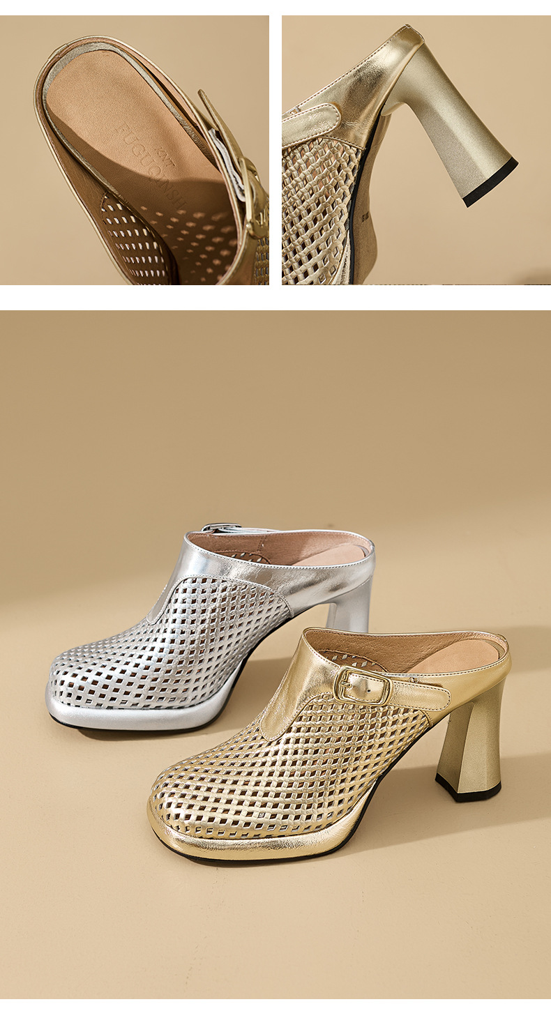 Sandal cao gót nữ mũi tròn đục lỗ, đế dày 8,5 cm, phong cách Âu Mỹ — màu vàng chi tiết 9