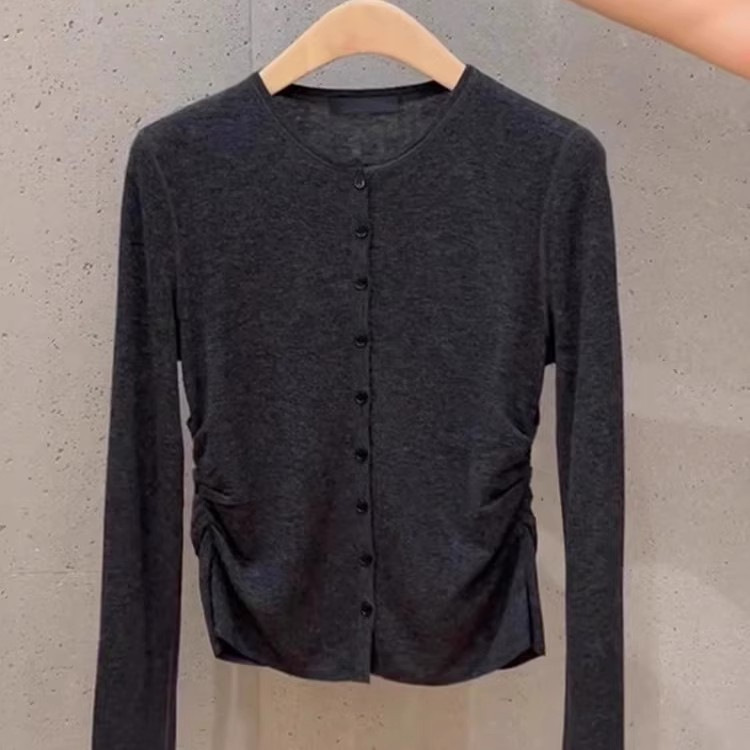 Knock Korean Style Design Sense Niche Chic dark gray Top Women's Autumn Explosions Waist Long Sleeve Knitted Cardigan Inner