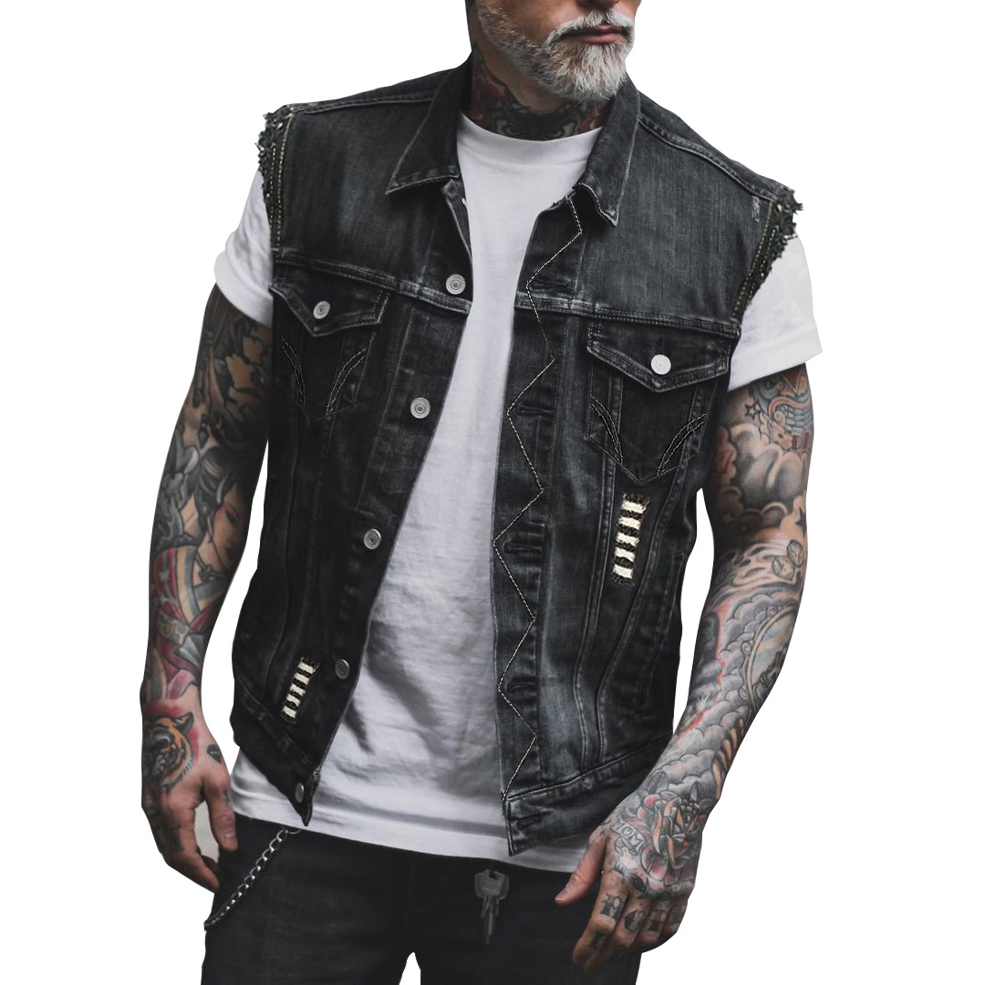 Bullhorn Ærmeløs Punk Sports Motorcykel Flip Collar Dominant denimvest til mænd 2039_voghion.com