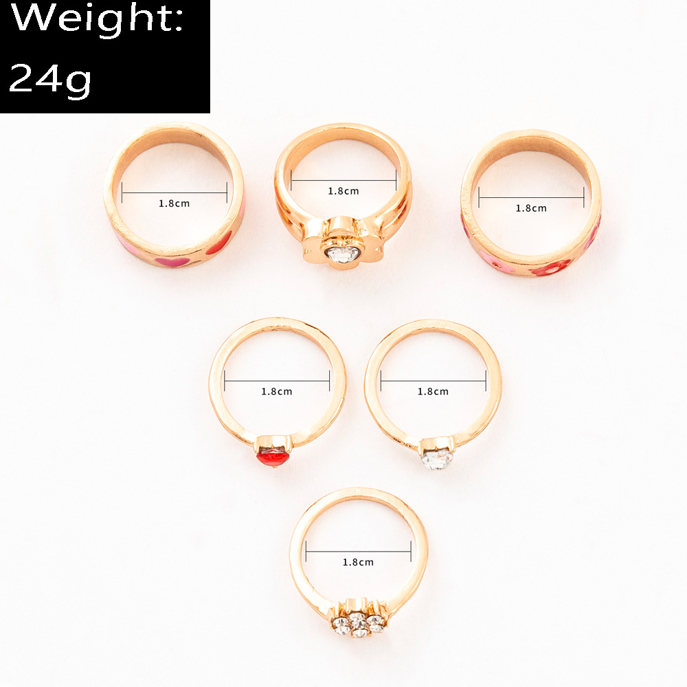 European And American Cross-border New Product Retro Color Love Flower Rhinestone Joint Ring Fashion Six-piece Set display picture 2