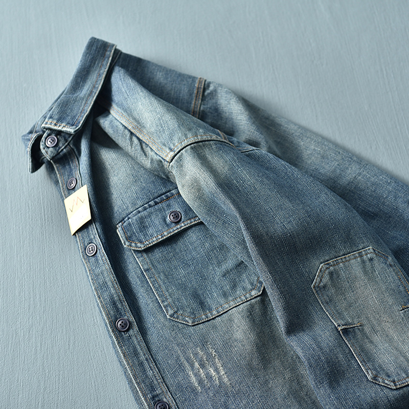 High-quality European And American Vintage Washed Workwear Thick Denim For Men, Loose Long-sleeved Shirt Jacket, Trendy_voghion.com