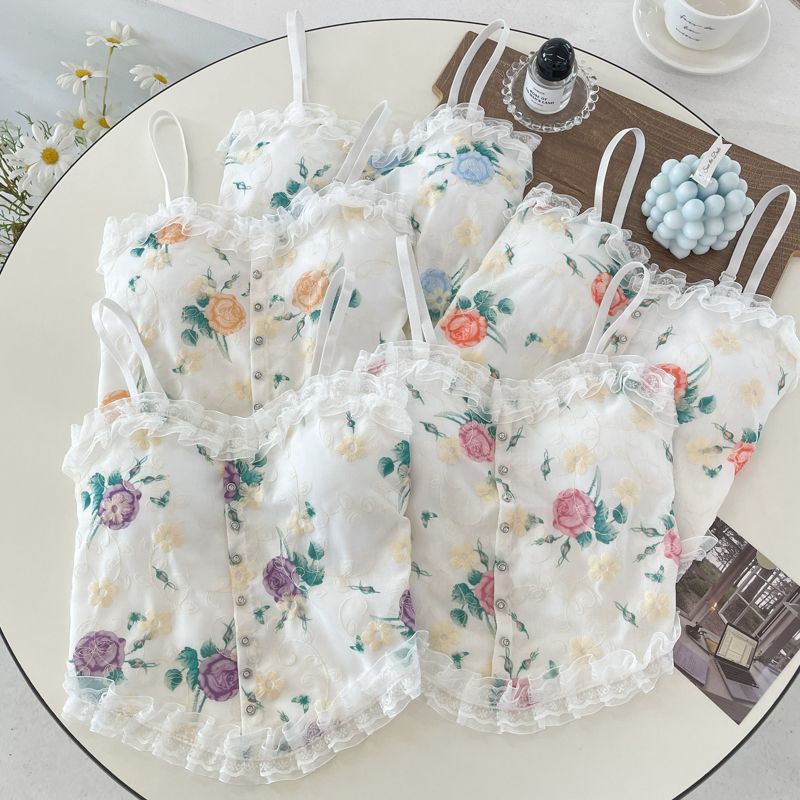 跨境外贸爆款田园复古风小碎花美背吊带夏季薄款自带胸垫蕾丝背心