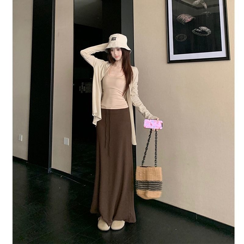 复古松弛长袖开衫内搭背心慵懒休闲半身裙秋季新款时尚套装女爆款|undefined