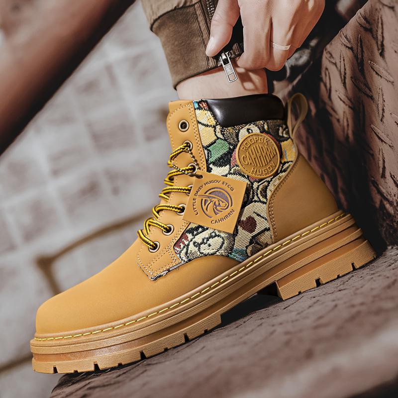 High top big yellow boots Small yellow boots Work boots big head motorcycle shoes men's shoes_voghion.com