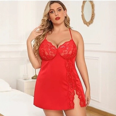 New Plus Size Sexy Lace Red Suspender Nightgown Sexy Intimates See-Through Silky Temptation Pajamas 9793