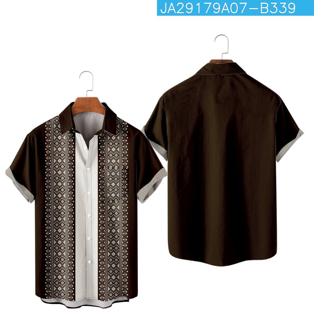 2023 nuevo verano transfronterizo rayado floral 3D Impresión digital manga corta moda solapa camisa de bolsillo de los hombres