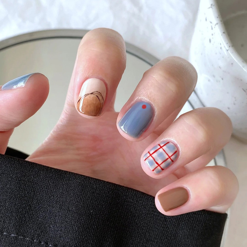 Sweet and Cool High-End Instagram-Style Red and Blue Plaid Graffiti Color-Blocking Everyday Versatile Short 24-Piece Wearable Nail Stickers Sweet and Cool High-End Instagram-Style Red and Blue Plaid Graffiti Color-Blocking Everyday Versatile Short 24-Piece Wearable Nail Stickers