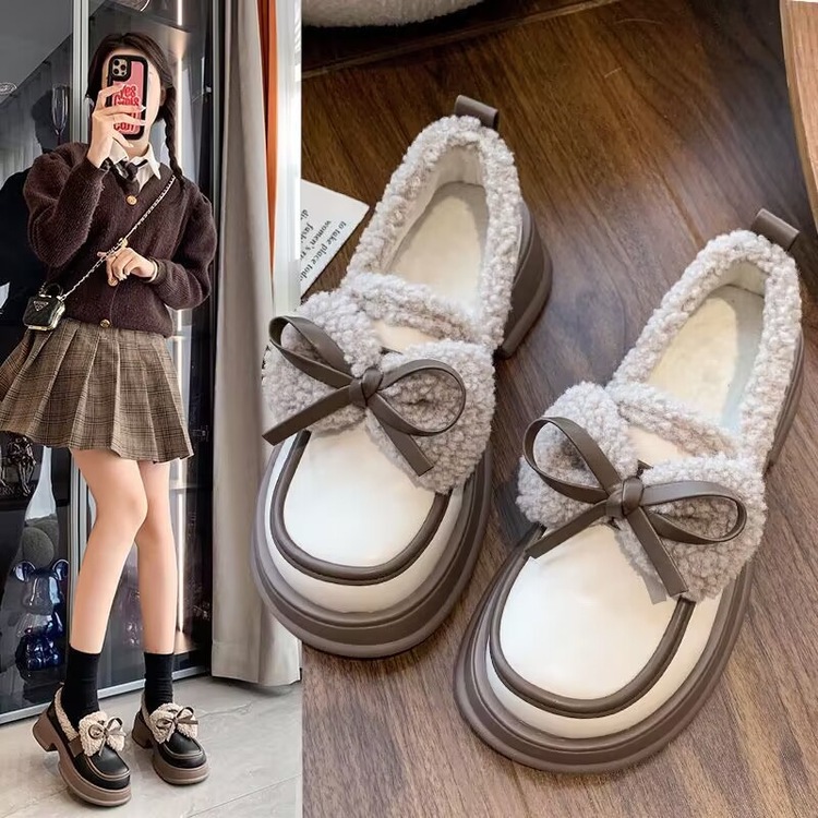 日系增高加绒小皮鞋女2025冬季新款蝴蝶结松糕底法式玛丽珍鞋棉鞋