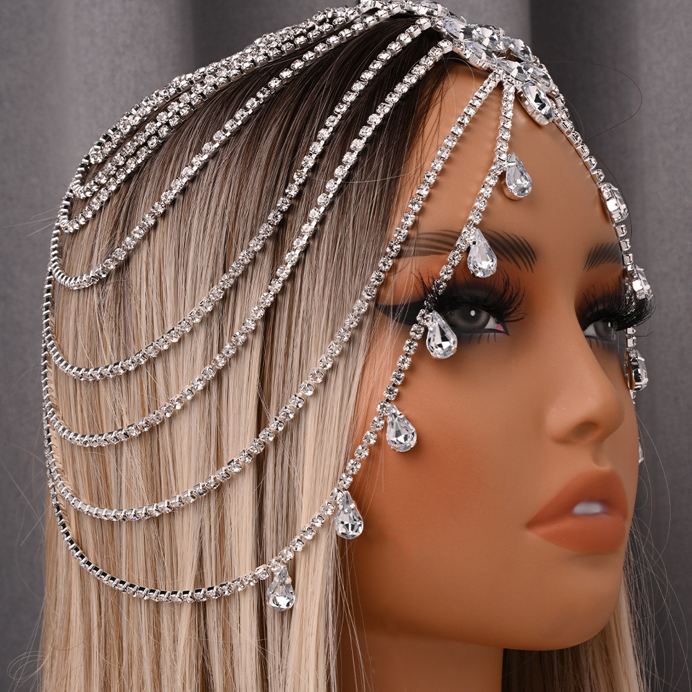 Amazon caliente multicapa cadena de cabello exagerada tocado de diamante accesorios de moda para mujeres cadena de cabello