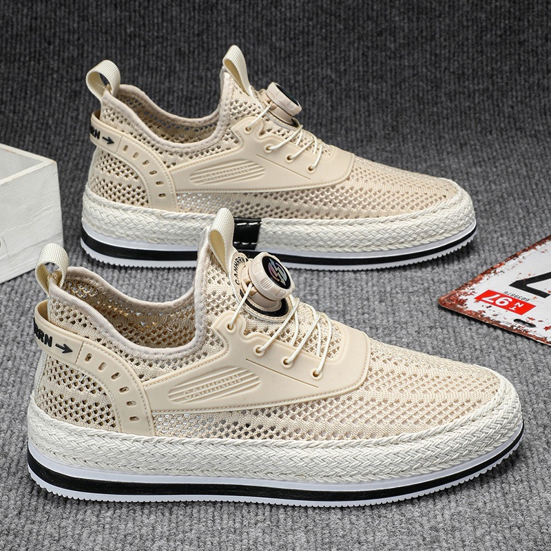 Zapatos de hombre con botón giratorio tejido de paja, zapatillas de deporte huecas de red grande, estudiantes, verano 2025, nuevo estilo, zapatos perezosos transpirables, hombres
