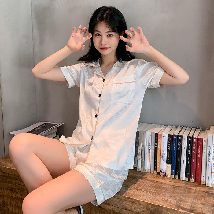 Pijamas de verano hombres de seda artificial jacquard Plaid pareja de Mujeres de manga corta de solapa cardigan casual cómodo traje de uso doméstico