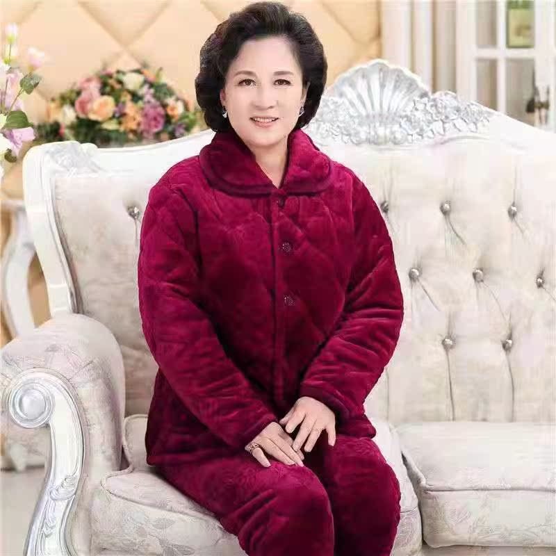 跨境件套女家居服棉袄两件套老年穿两件绒中老年家居冬季棉夹加珊