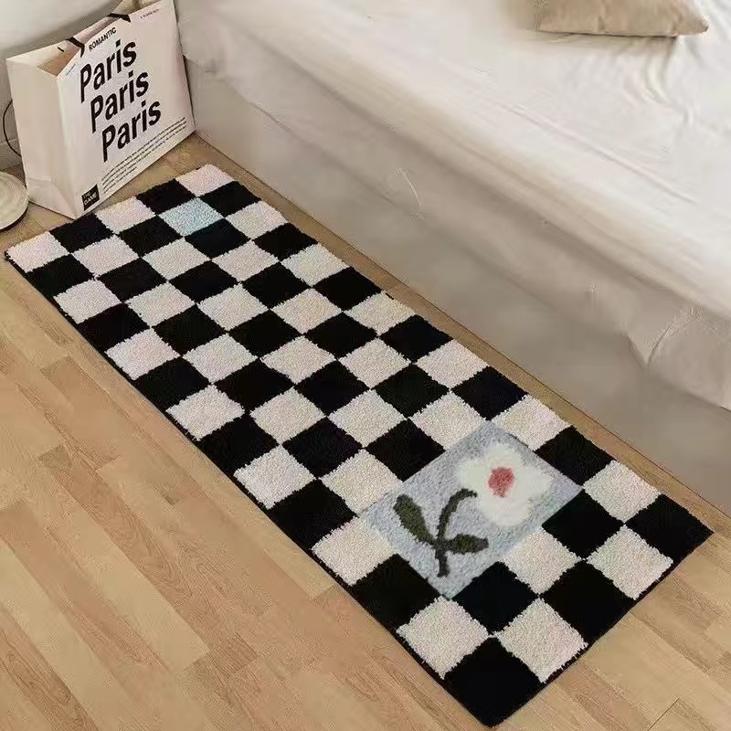 A cuadros blanco y negro de la Cachemira-como alfombra de lujo de la luz tablero de ajedrez avanzada rejilla casa mesita de noche alfombra de cama larga cola alfombra en stock