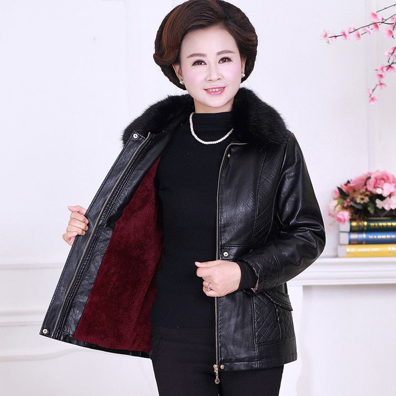 pu夹克妈妈装冬装外套中老年皮夹克加绒棉衣棉袄女老年人短款厚|ru