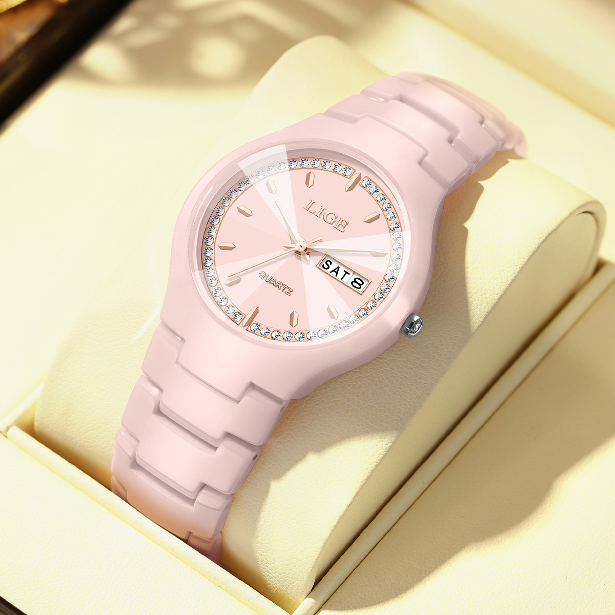 Lige/Fashion Women's High-End Quartz Watch Calendar Waterproof Multi-Functional Couple Ceramic Watch Cross-Border Batch