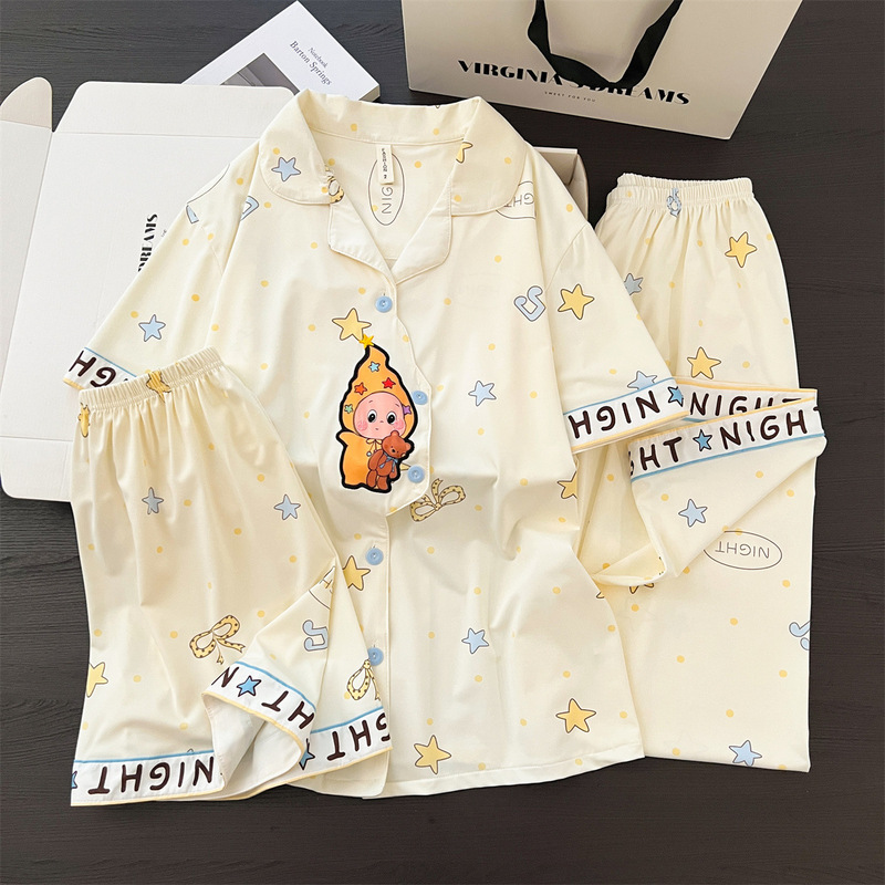 Three-Piece Pajama Set for Women, Summer 2026 New Style, Super Comfortable Cloud-Like Cotton, Sweet and Cute Short-Sleeve Long Pants Loungewear Set