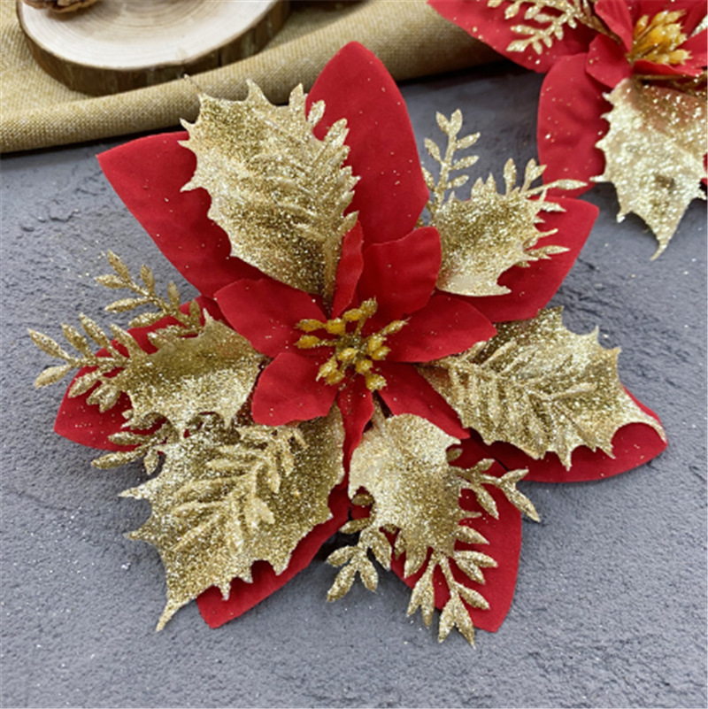 Gold Powder Christmas Flower Head Simulation Flower Double Gold Powder Christmas Flower Christmas Flower Ring Decoration Christmas Tree Decoration