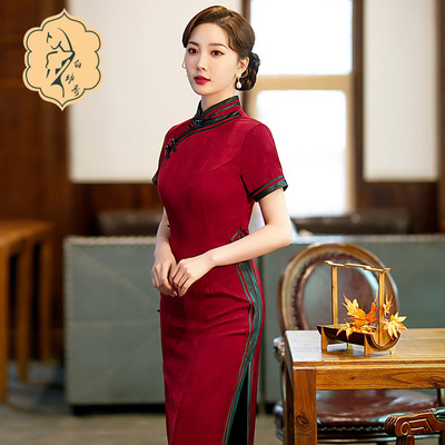 Retro Chinese Dress oriental Cheongsam for women red cheongsam Chinese wind favors of cultivate morality pure color cheongsam party dresses with short sleeves