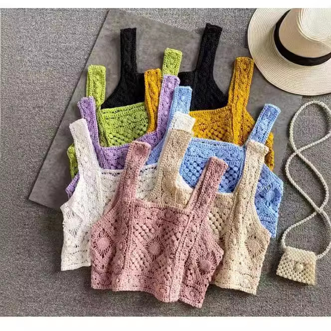 Bohemian knitted hollow vest Lady summer short straight blouse sleeveless loose lace U-neck