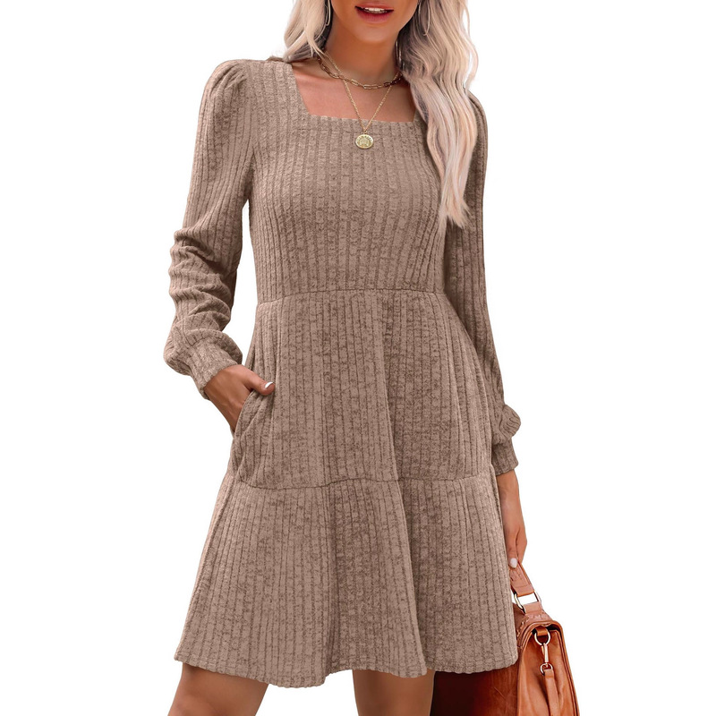 European and American Amazon Tk2024 Women's Square Neck Long-Sleeved Autum Dress Casual Babydoll Sweater Dress