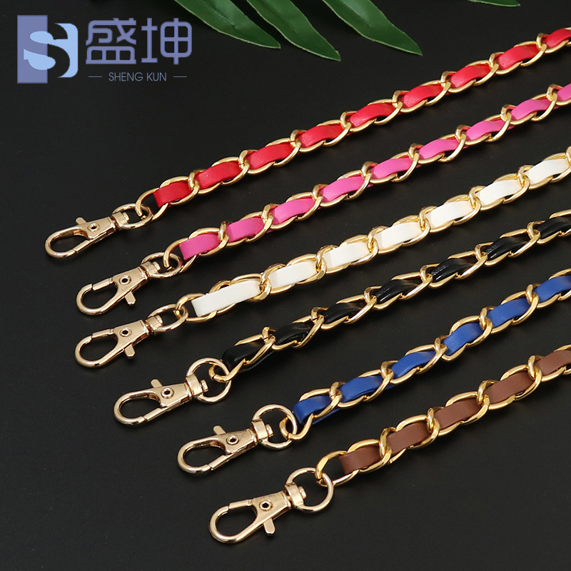 Metal hook and loop bag shoulder strap with leather chain, aluminum chain, zinc alloy dog buckle, PU leather bag strap chain wholesale