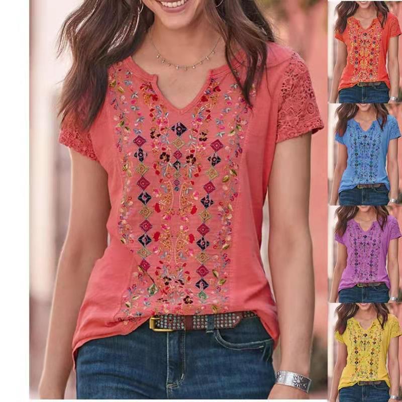 Cross-Border 2024 Amazon European and American New Women's Clothing Floral Printed T-Shirt Export Printed Loose Women's Tops