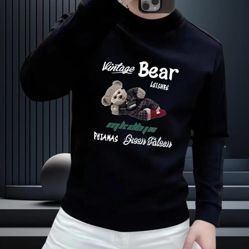 American Heavyweight Autumn and Winter New Men's Casual Round Neck Sweatshirt Personalized Velvet Printed Long-Sleeved Fashion Sweatshirt