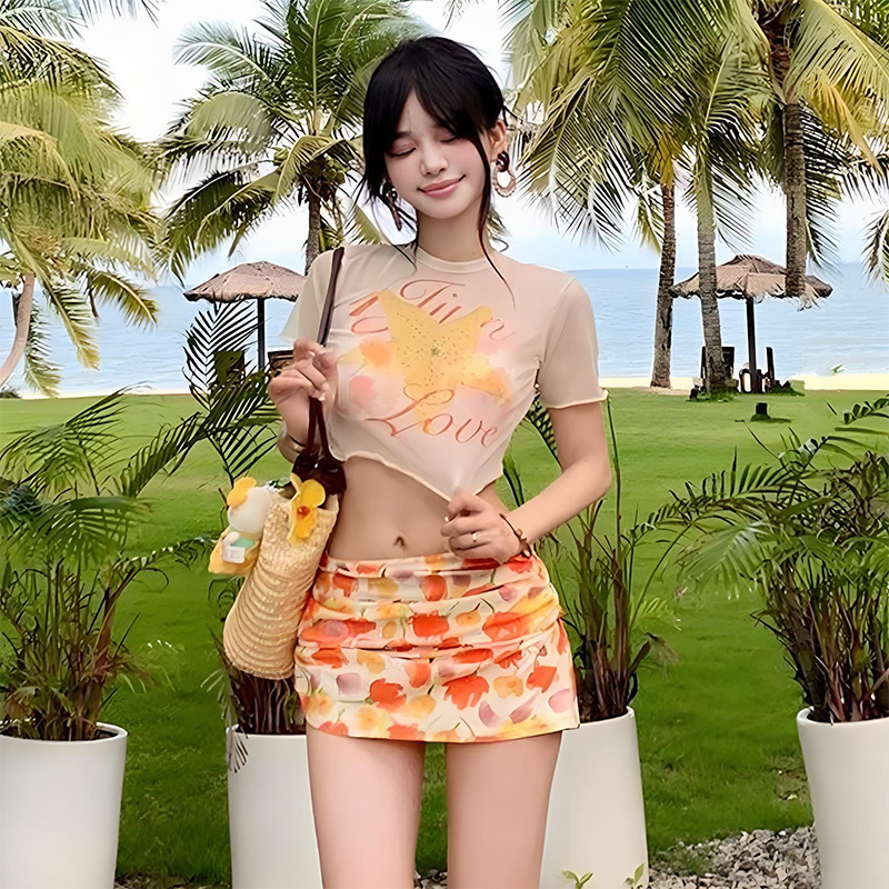 Women's Swimsuit Split Four-Piece Set Fashionable Printed Underwire Push-Up Sexy Slimming Vacation Hot Spring Swimsuit Wholesale